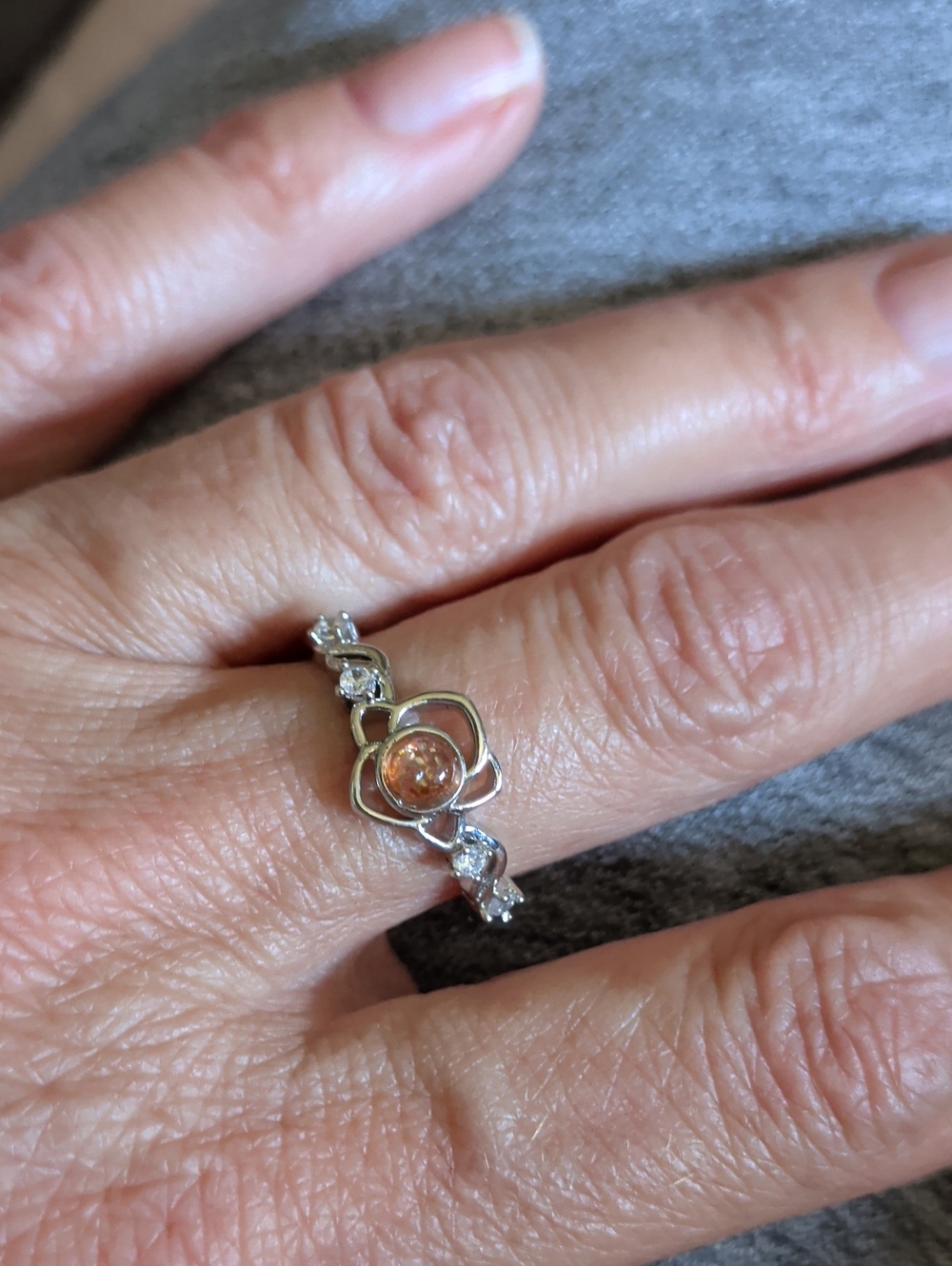 Silver Flower Ring with Peach Center Stone